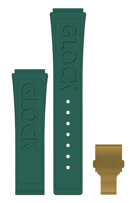 GLOCK Silicone Strap in Racing Green with Gold-Tone Clasp and Lettering GB-PU-RACINGGREEN-LOGO-GC