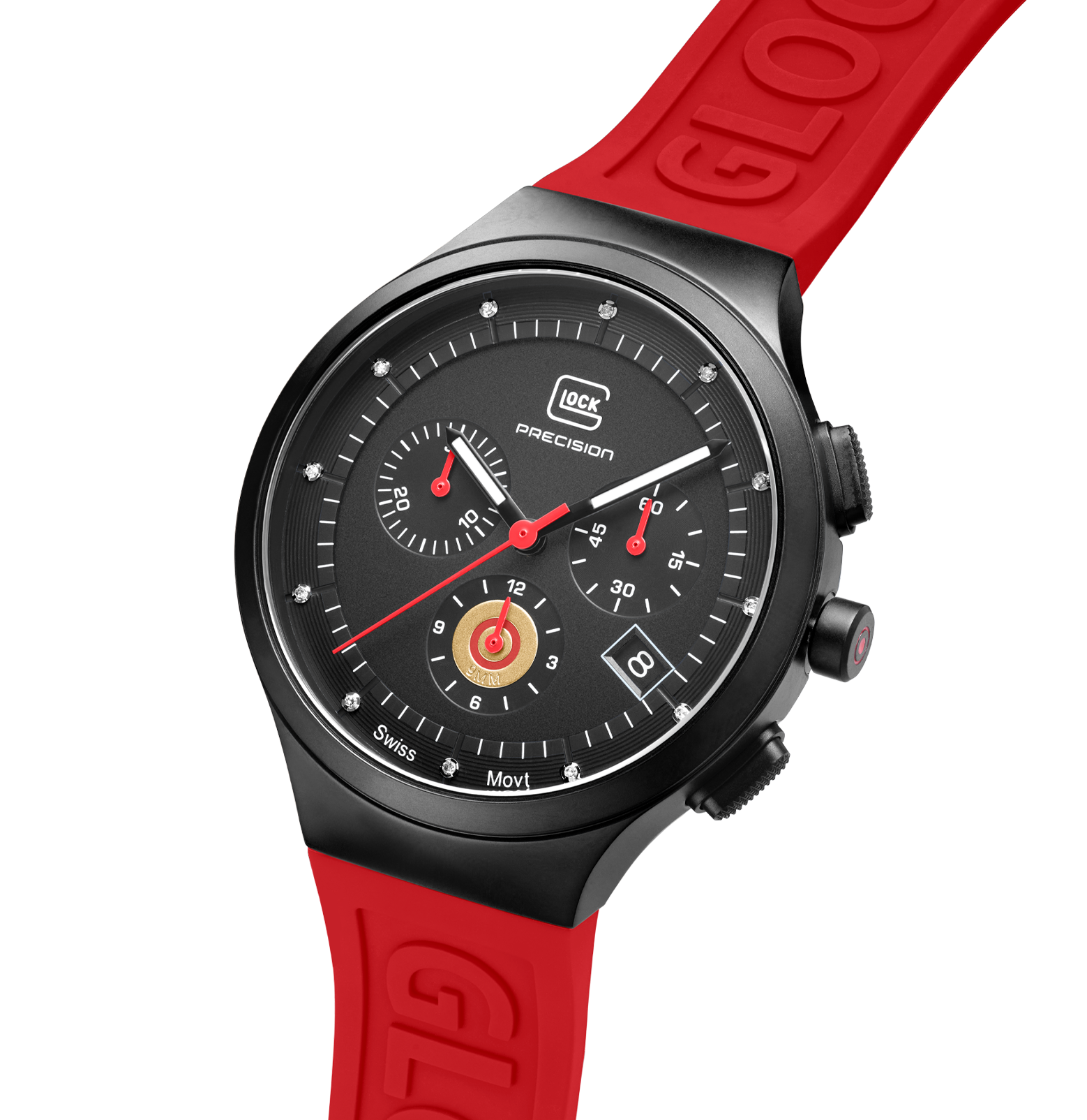 GLOCK Watch GW-16-1-18 Red Silicone Strap with Lettering Half Side View