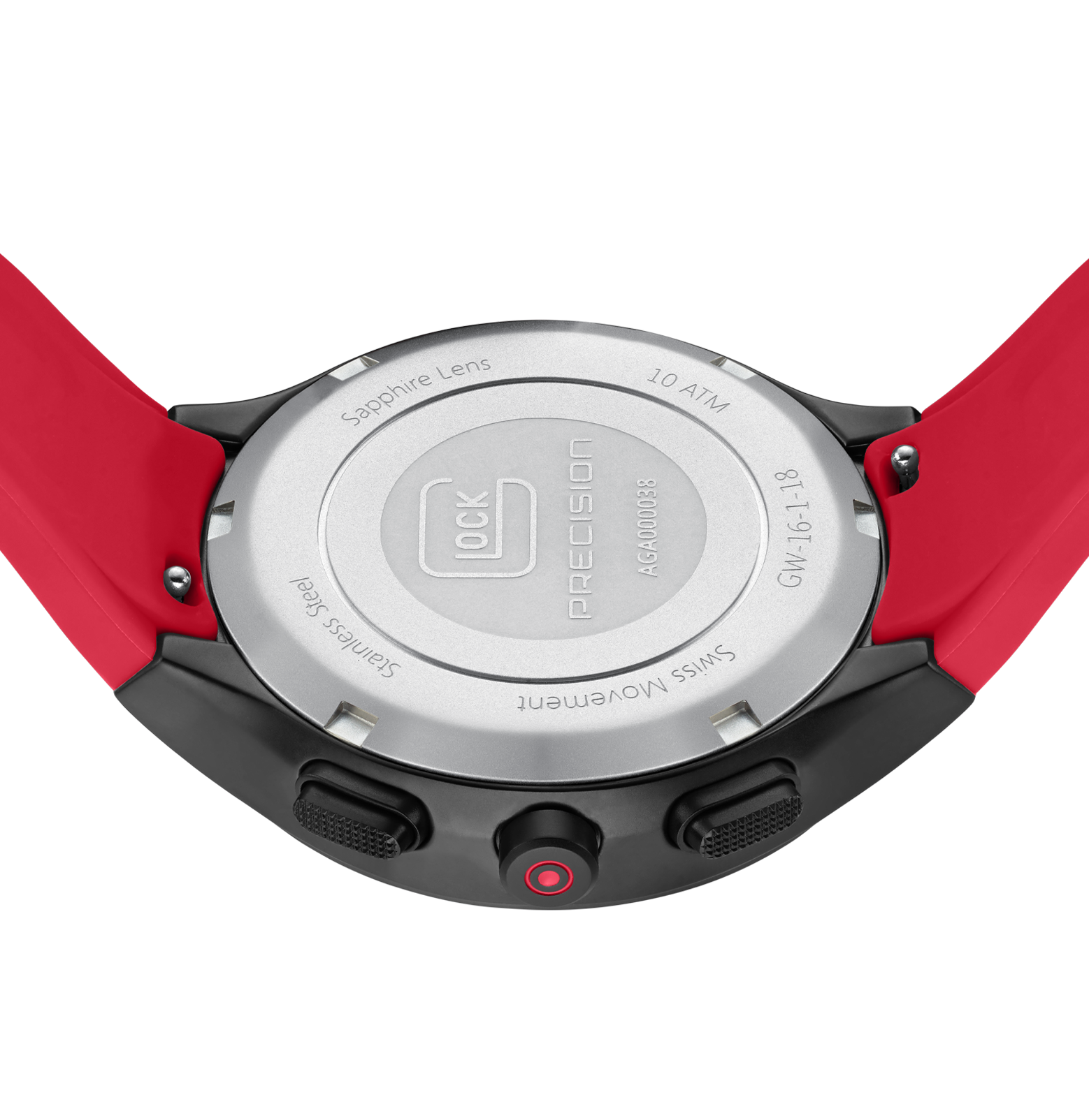 GLOCK Watch GW-16-1-18 Red Silicone Strap with Lettering Case Back View