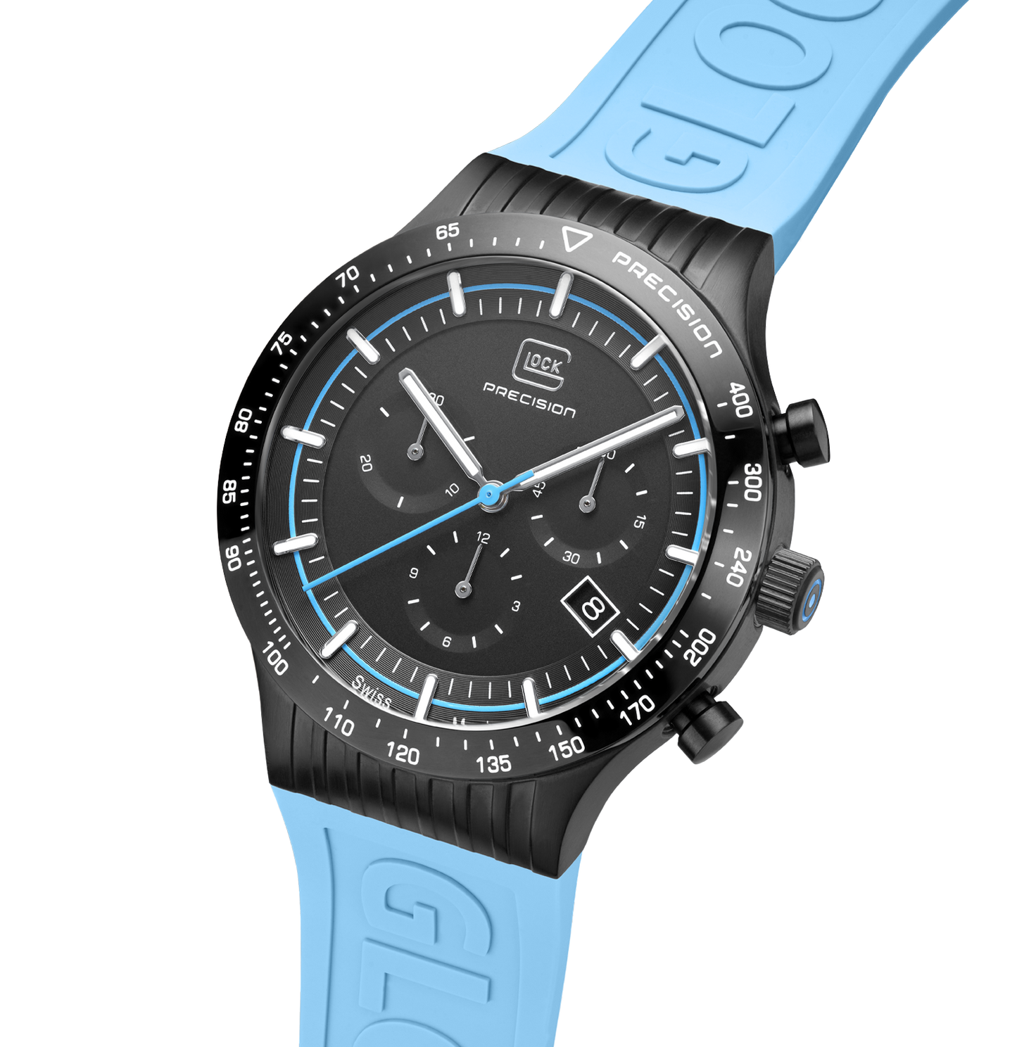 GLOCK Watch GW-34-2-24 Light Blue Silicone Strap with GLOCK Lettering Half Side View