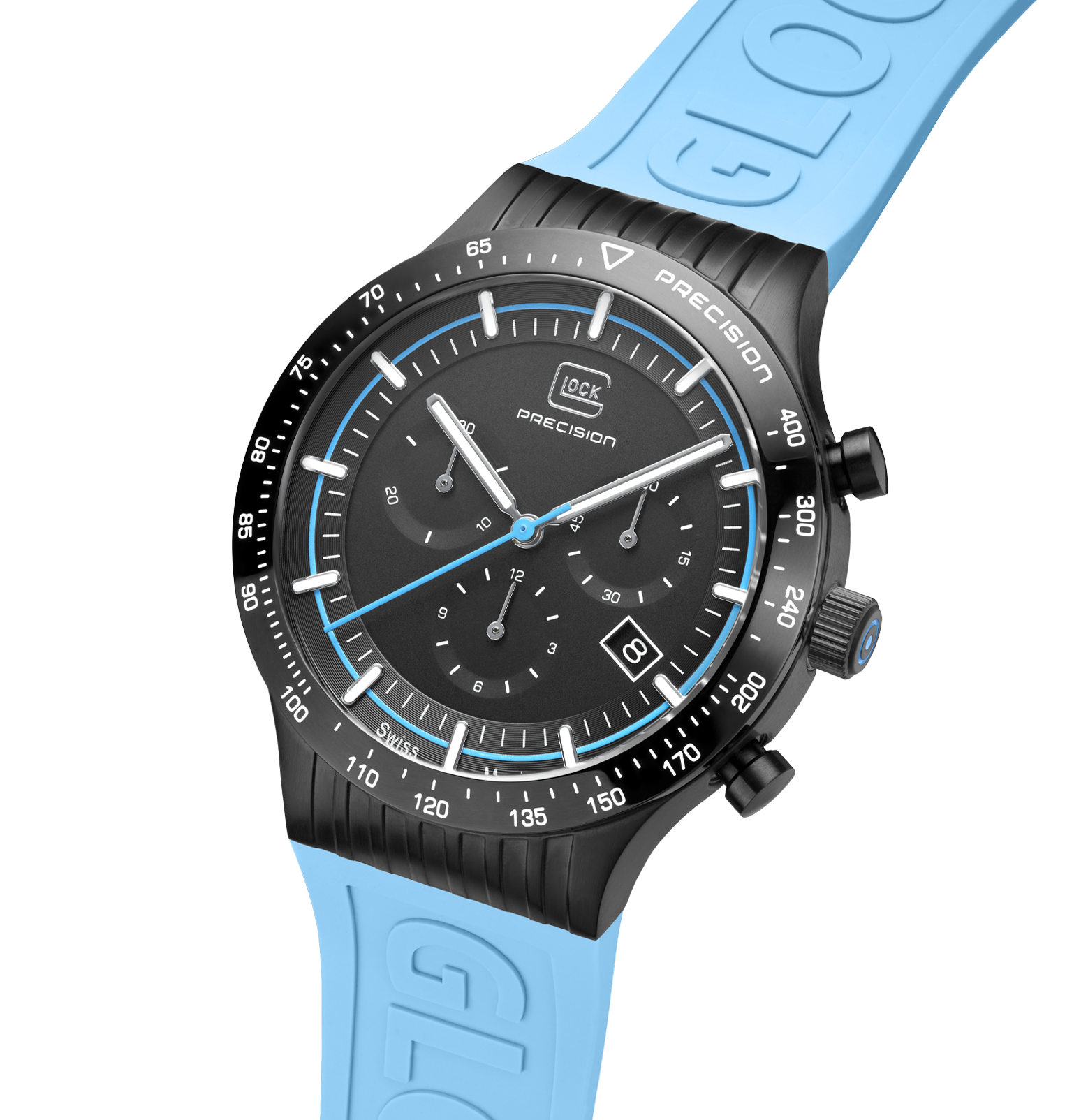 GLOCK Watch GW-34-2-24 Light Blue Silicone Strap with GLOCK Lettering Half Side View